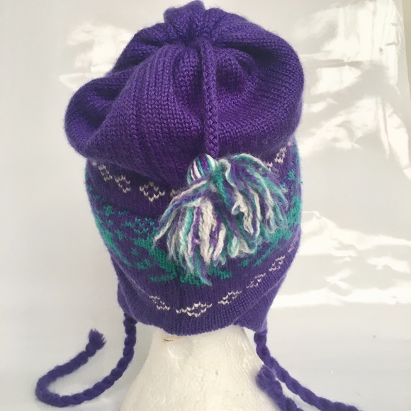 Gordini Hat Beanie Toque Pompom Braided Ties Purple Green Ear Covering - Picture 6 of 9